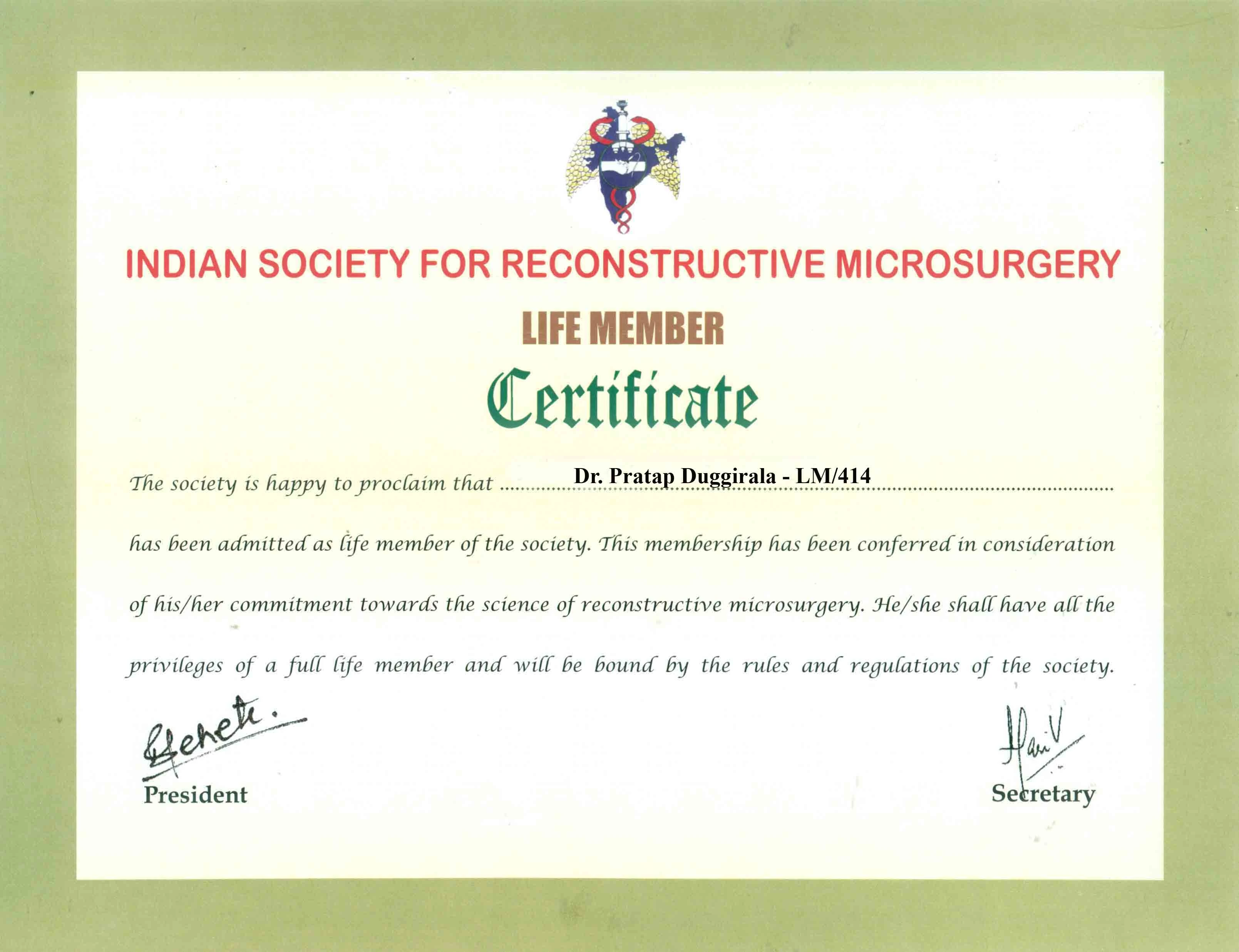 Indian Society for Reconstructive Microsurgery Life Member Certificate