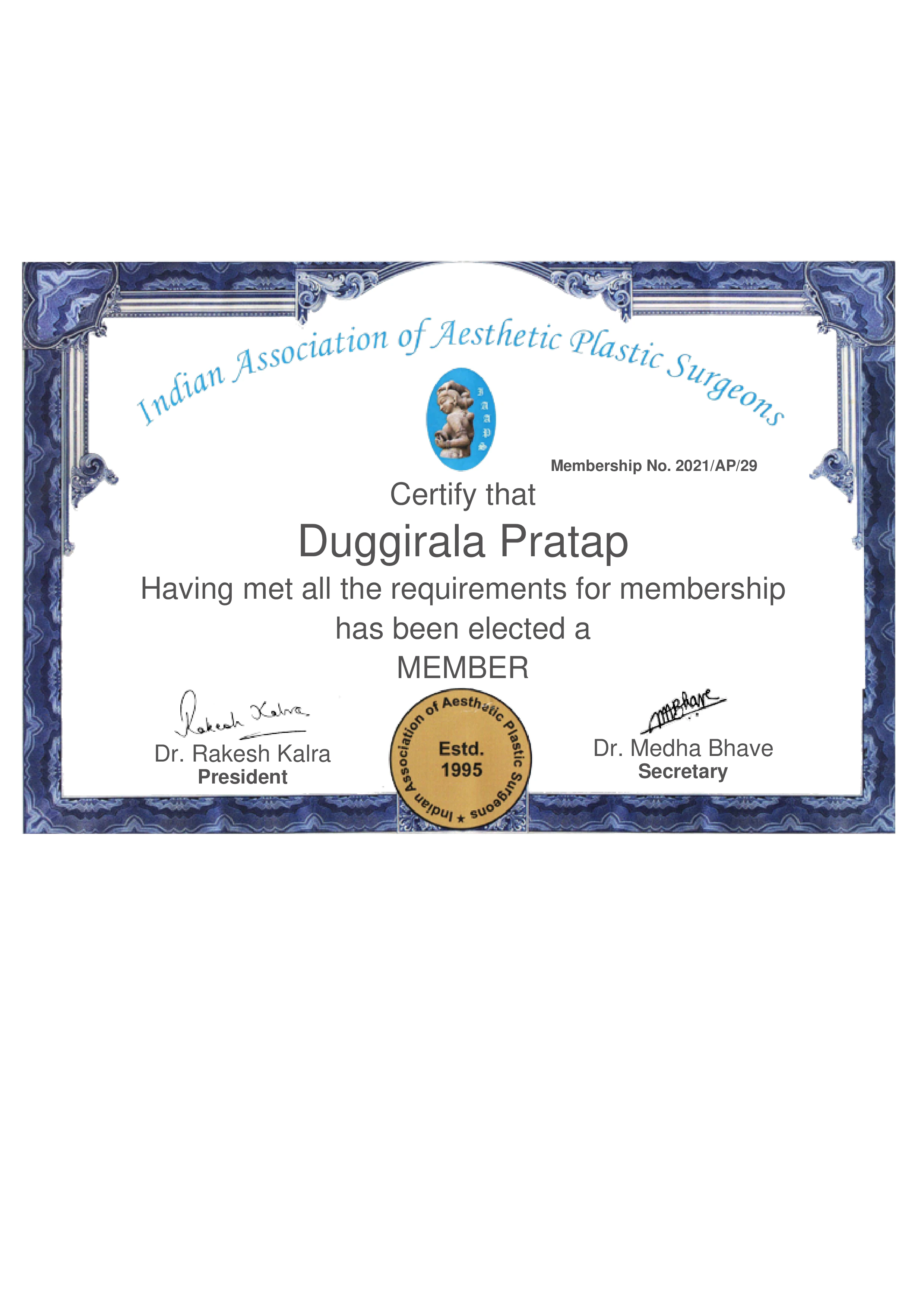 Indian Association of Aesthetic Plastic Surgeons Membership Certificate